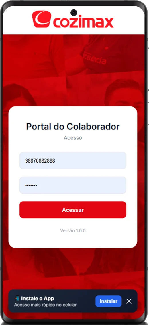Tela de login no Android com o aviso Instale o App