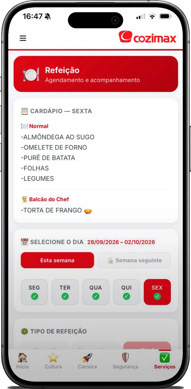 Tela de refeição com cardápio da semana e seleção de dias